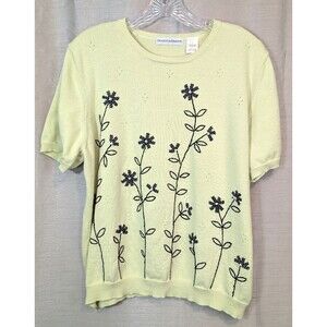 Drapers & Damons Women Size LARGE Sweater Short Sleeves Lt Green & Black Floral